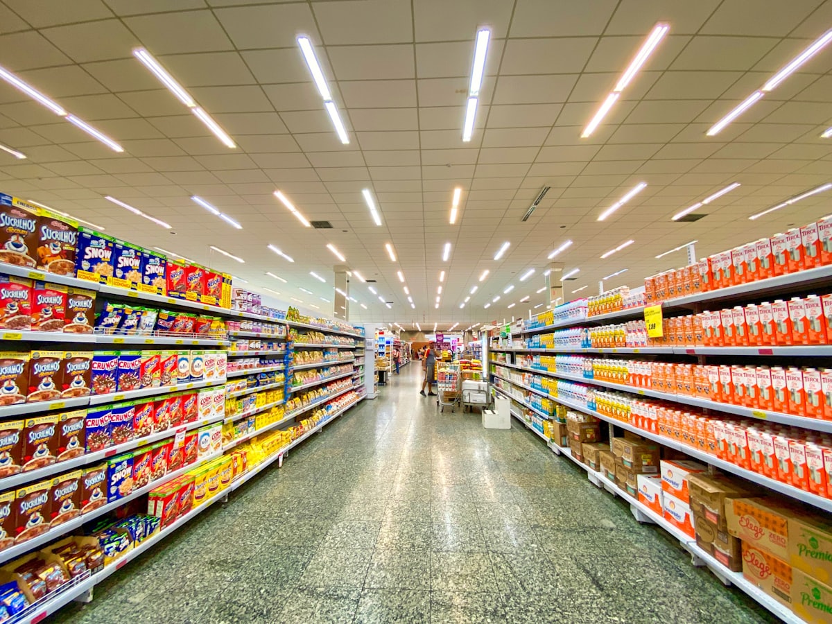 Stocked supermarket shelves
